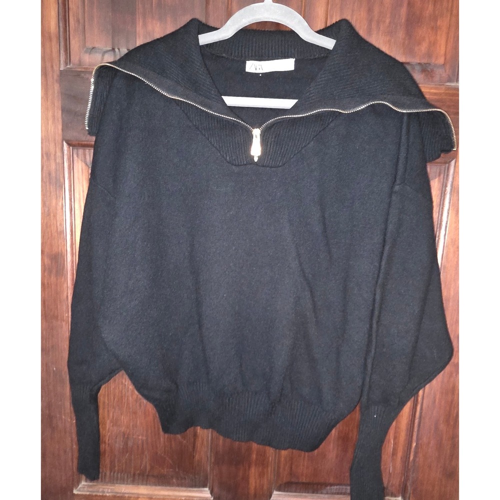 Zara Black Quarter Zip Sailor Collar Batwing Knit Sweater Medium Gold Hardware